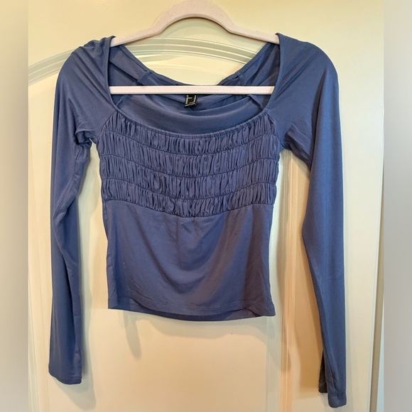 Forever 21 Ruched Blue Long Sleeve Cropped Blouse - Picture 1 of 5